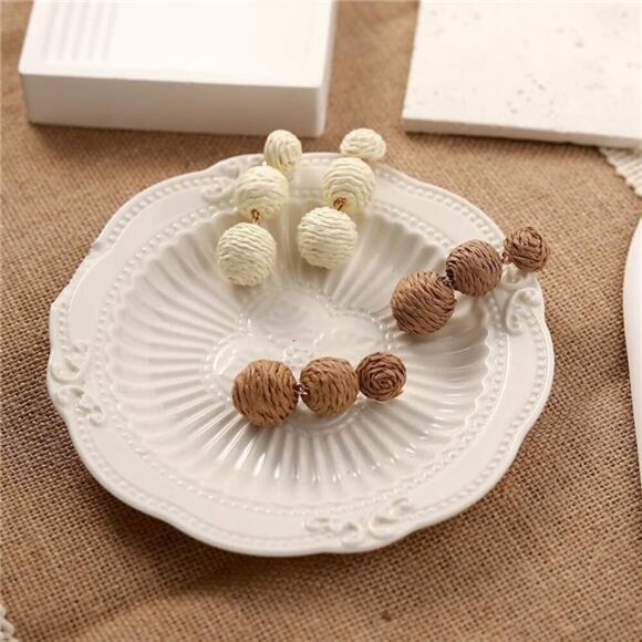 Boho Double Ball Drop Earrings โ Woven Rattan Statement Earrings, Set of 2 pair - Picture 6 of 7